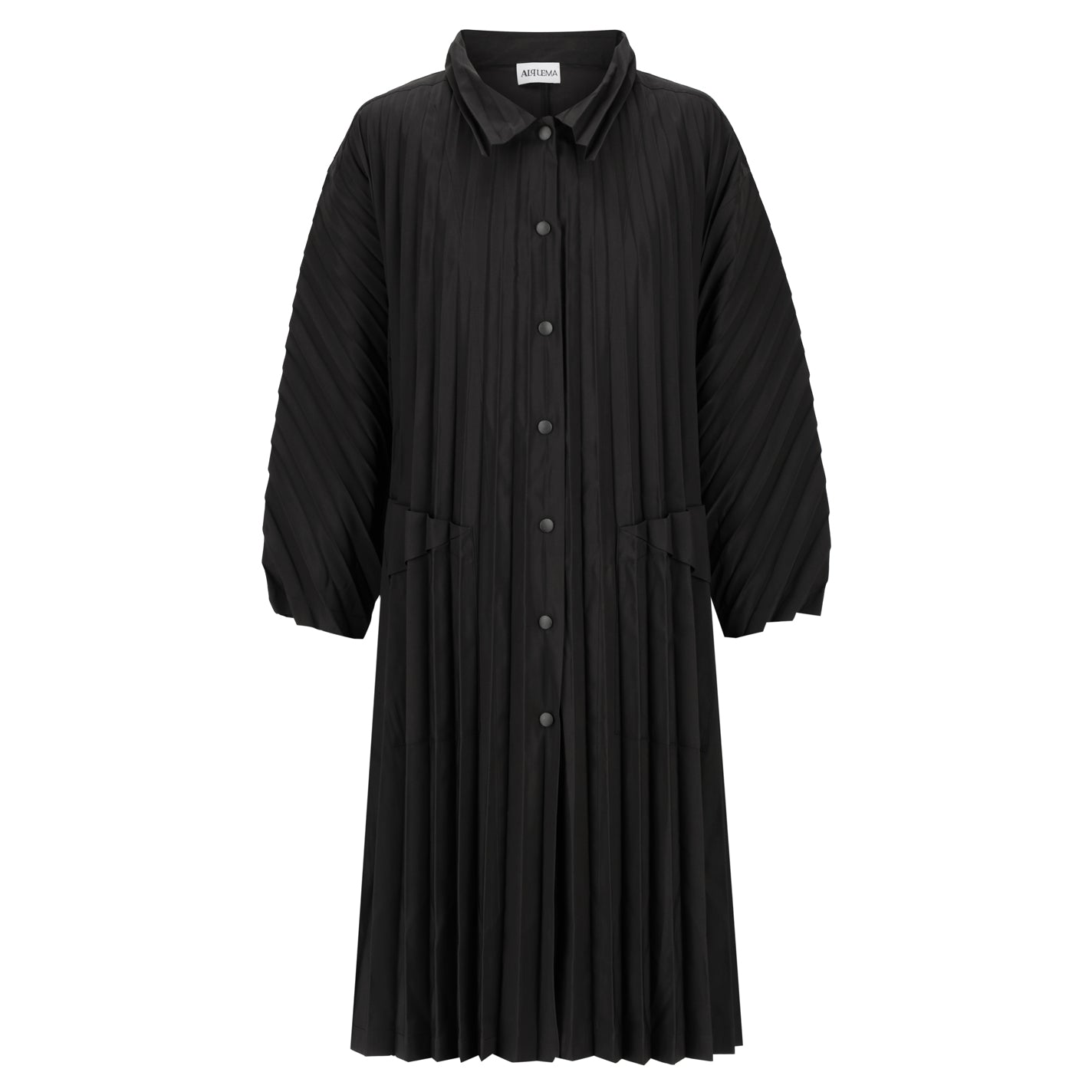 Black long coat with button details on a white background