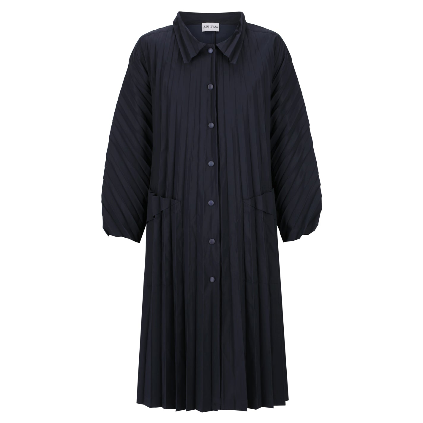 Black button-up dress on a white background