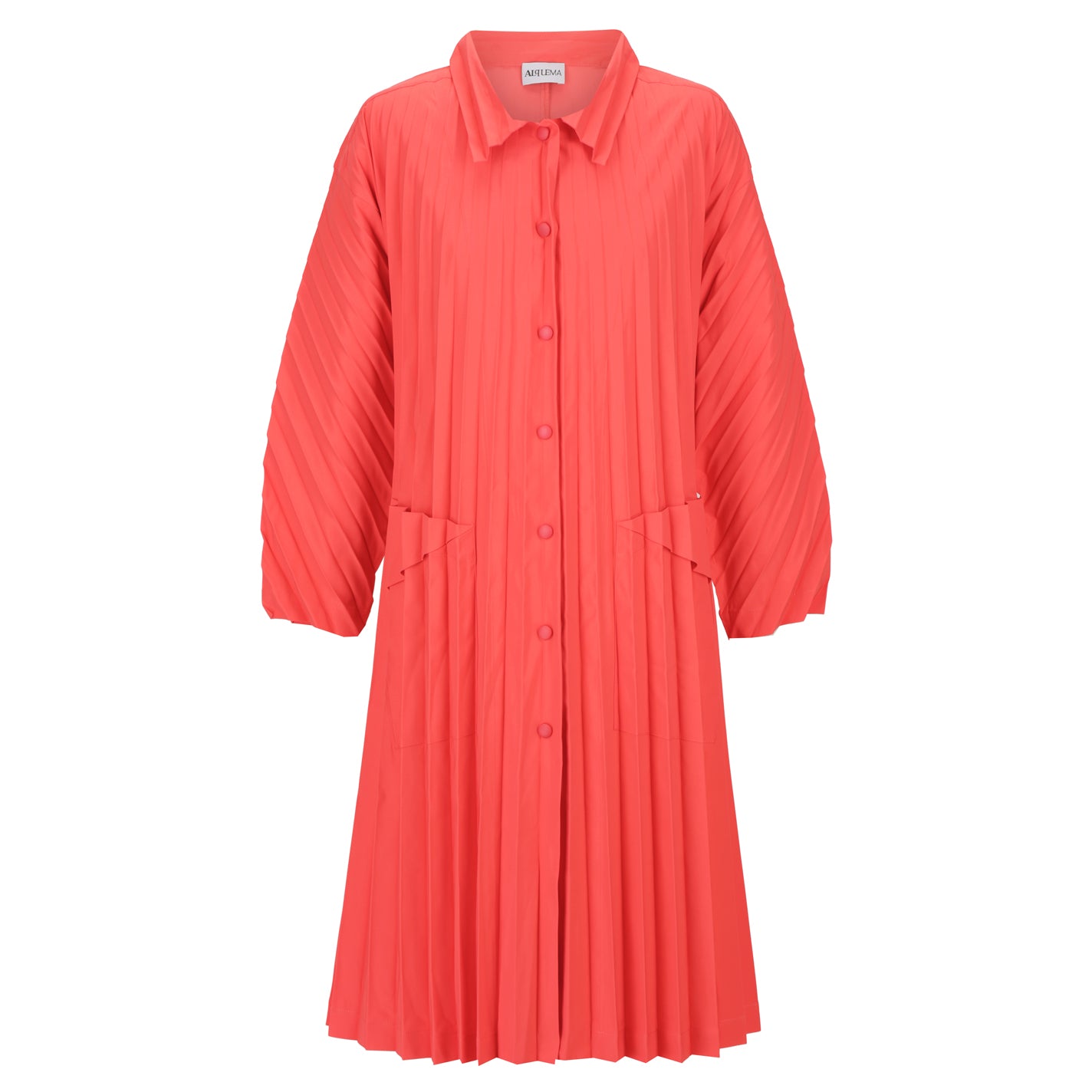 Coral-colored dress with button details on a white background