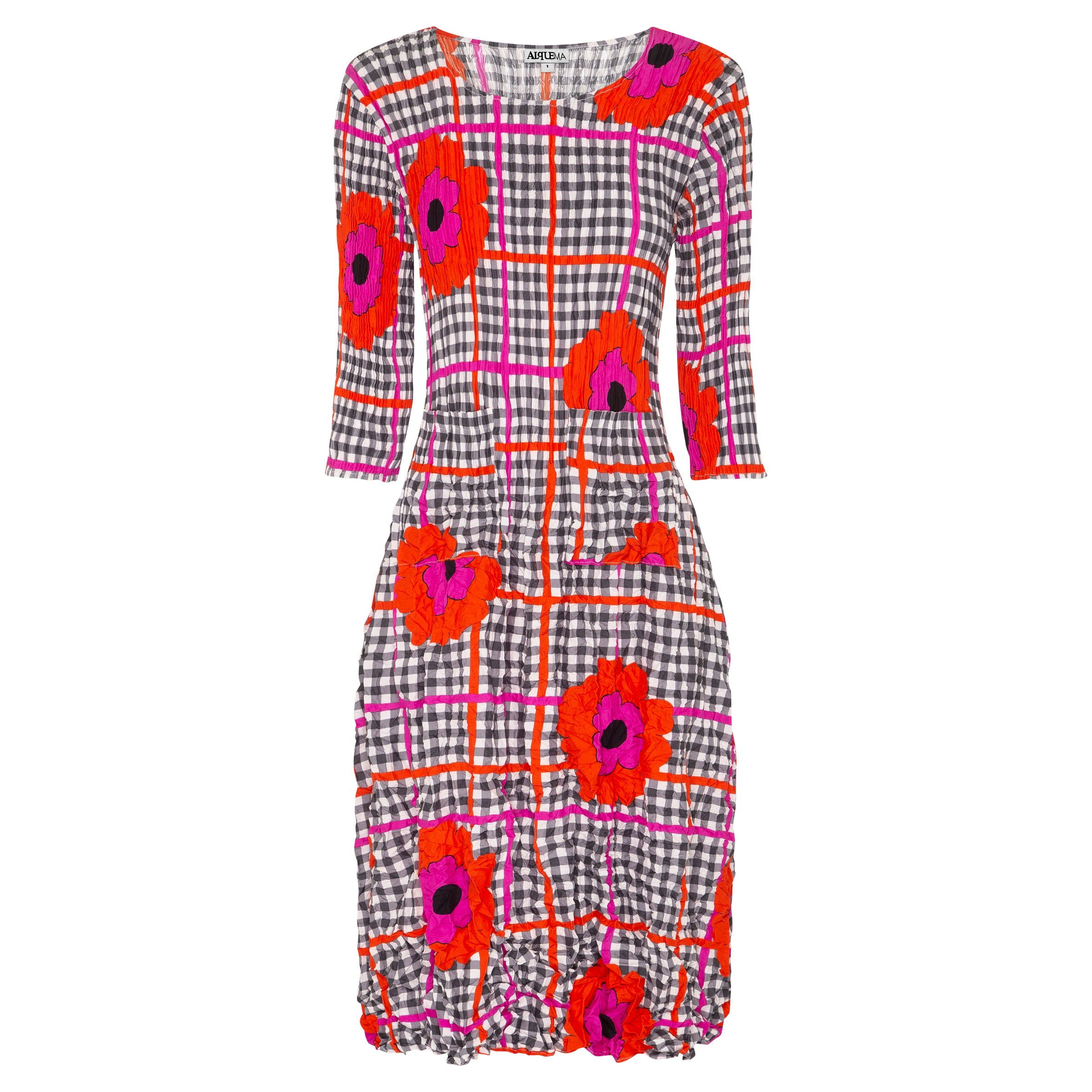 Checkered dress with floral patterns on a white background