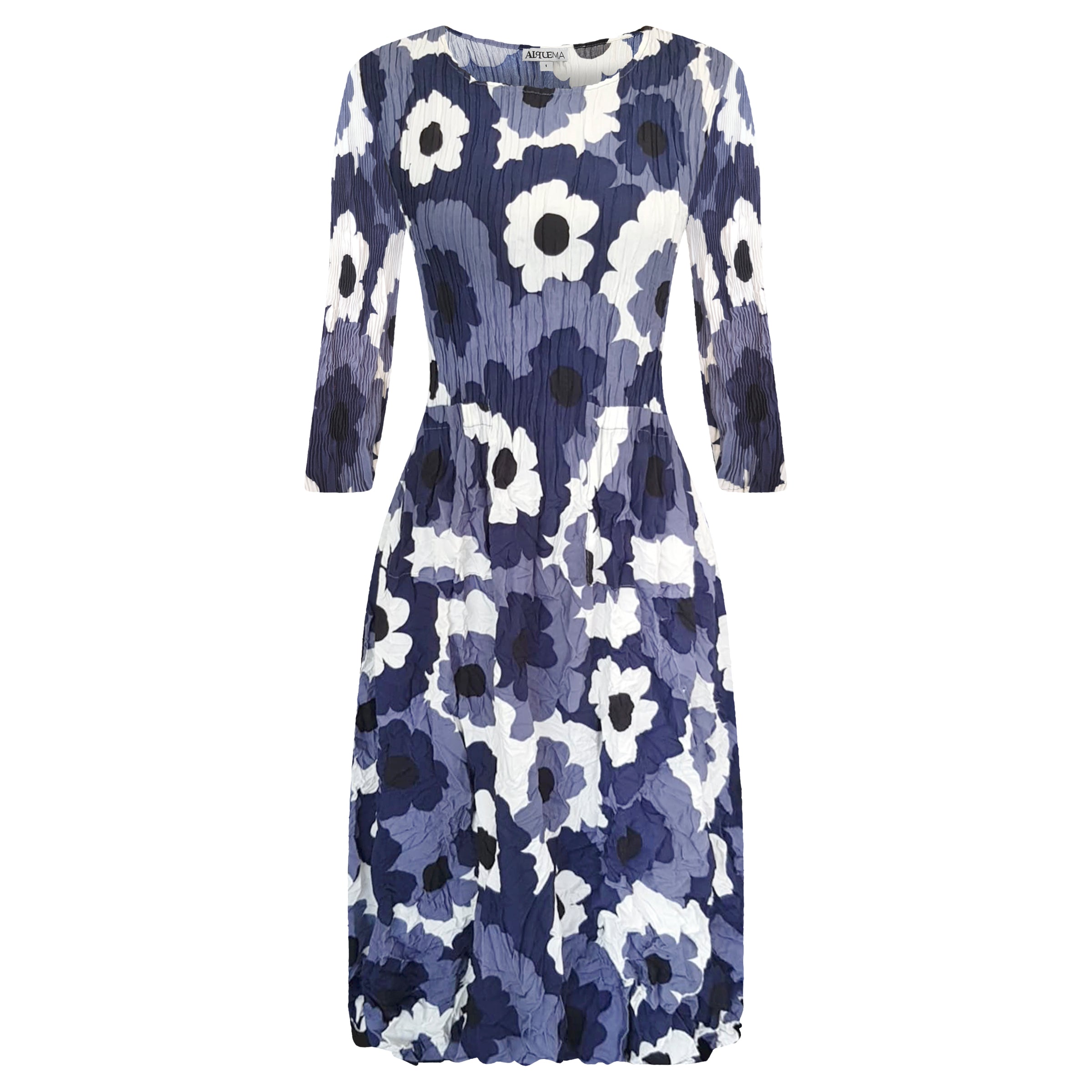 Floral patterned dress with blue and white flowers on a plain background