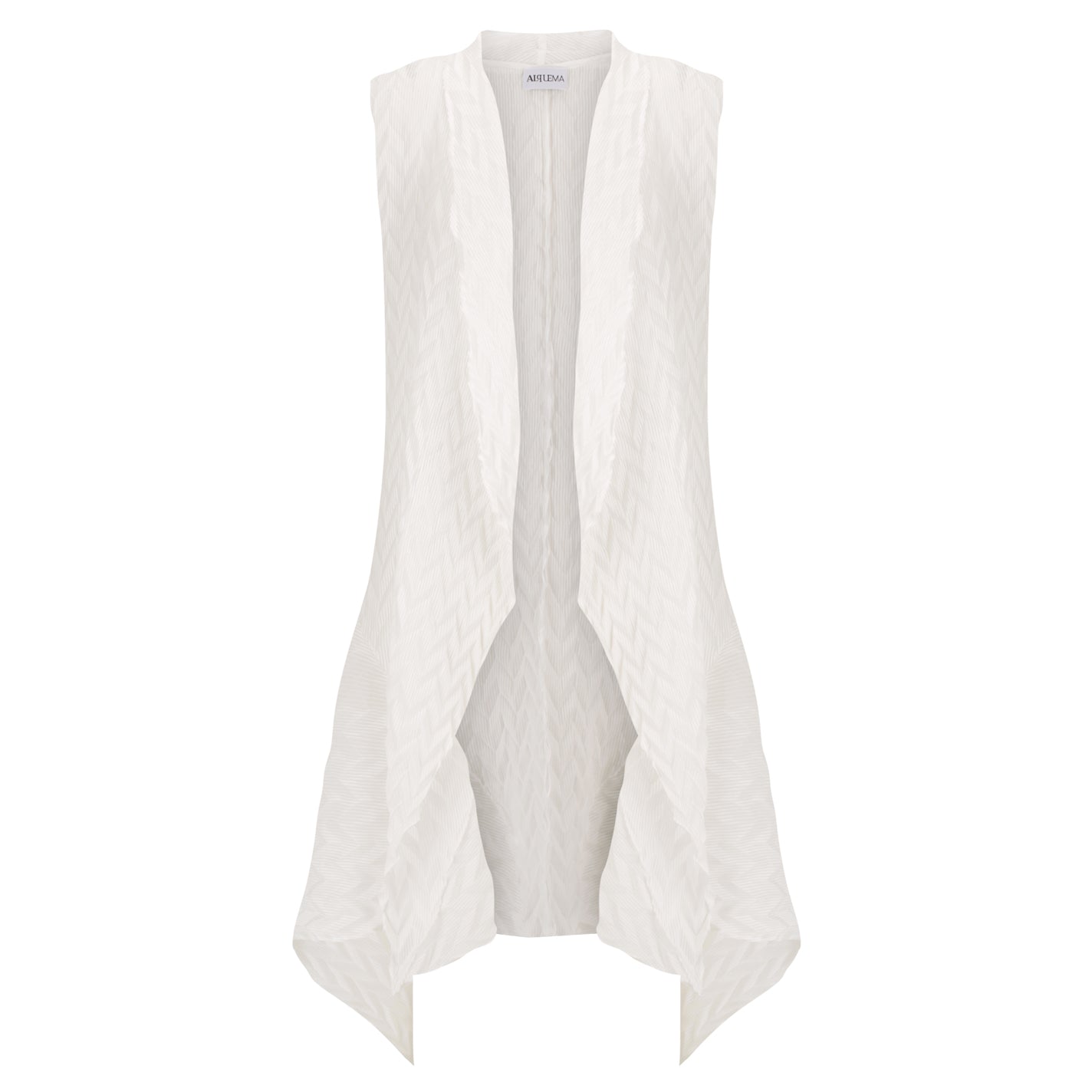 White sleeveless top with a subtle pattern on a white background