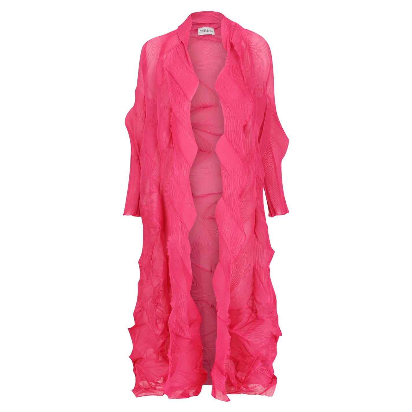 A pink chiffon coat with pleated detailing, displayed on a mannequin.