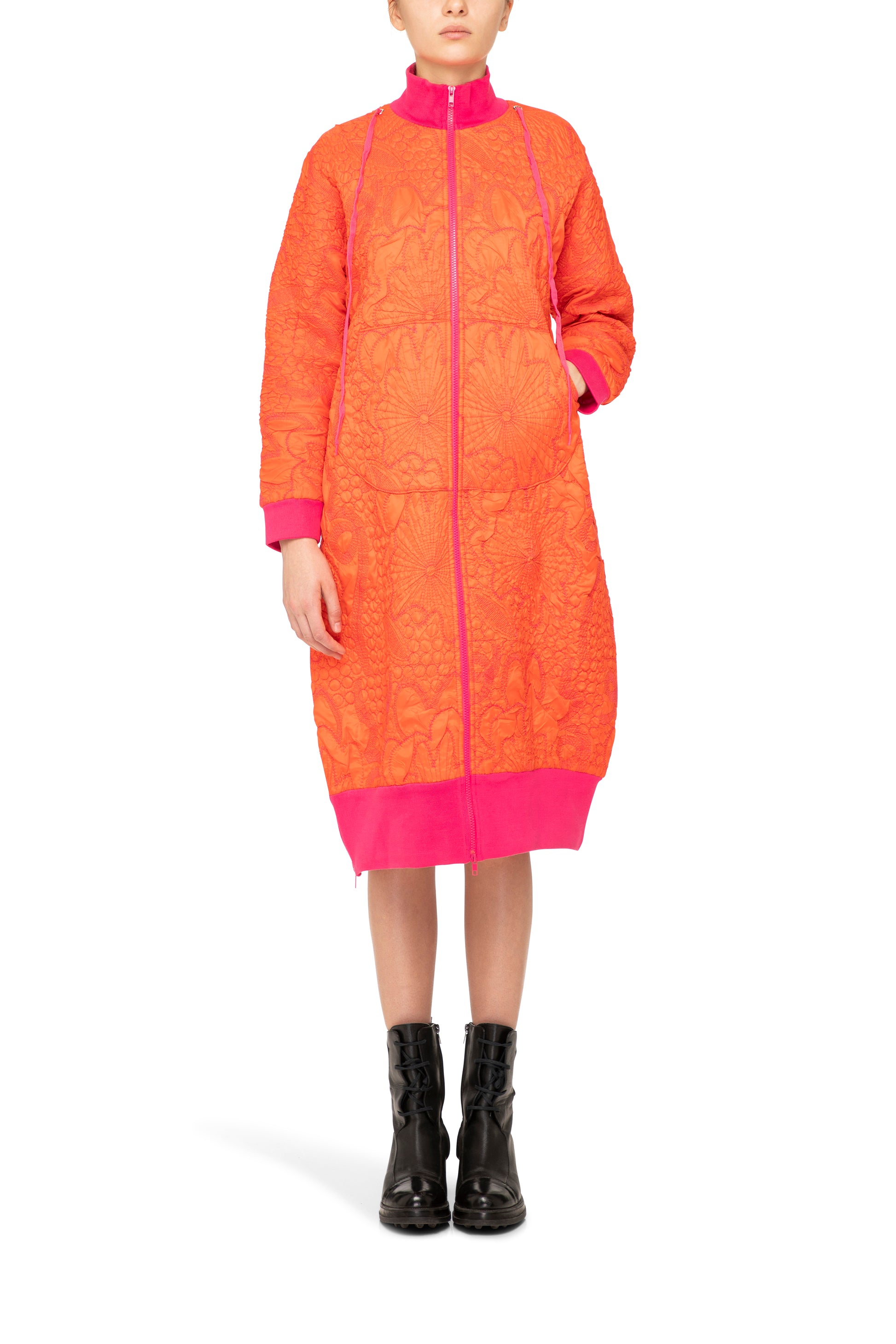 Lampo Coat in Orange Pink, Orange coat, Orange and Pink coat, padded coat, embroidered coat, fashion coat, designer coat, bright coat, unique coat