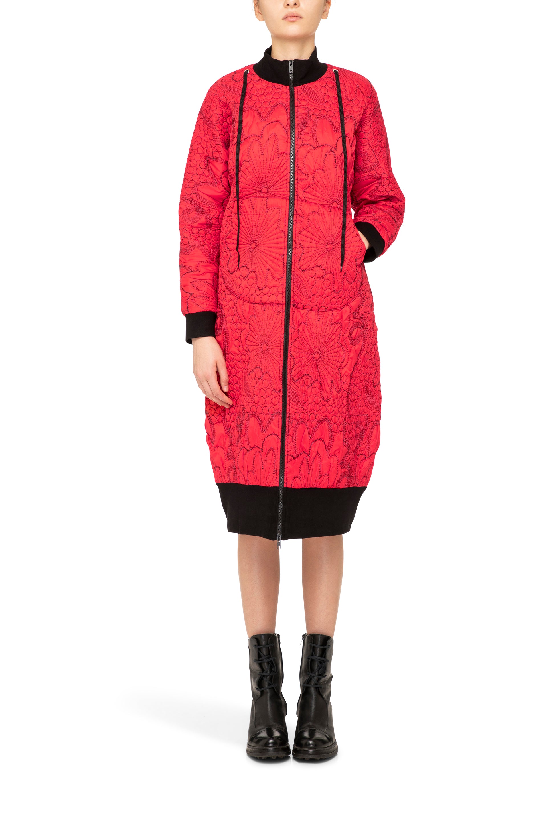 Lampo Coat in red, red coat, red and black coat, padded coat, embroidered coat, fashion coat, designer coat, bright coat, unique coat