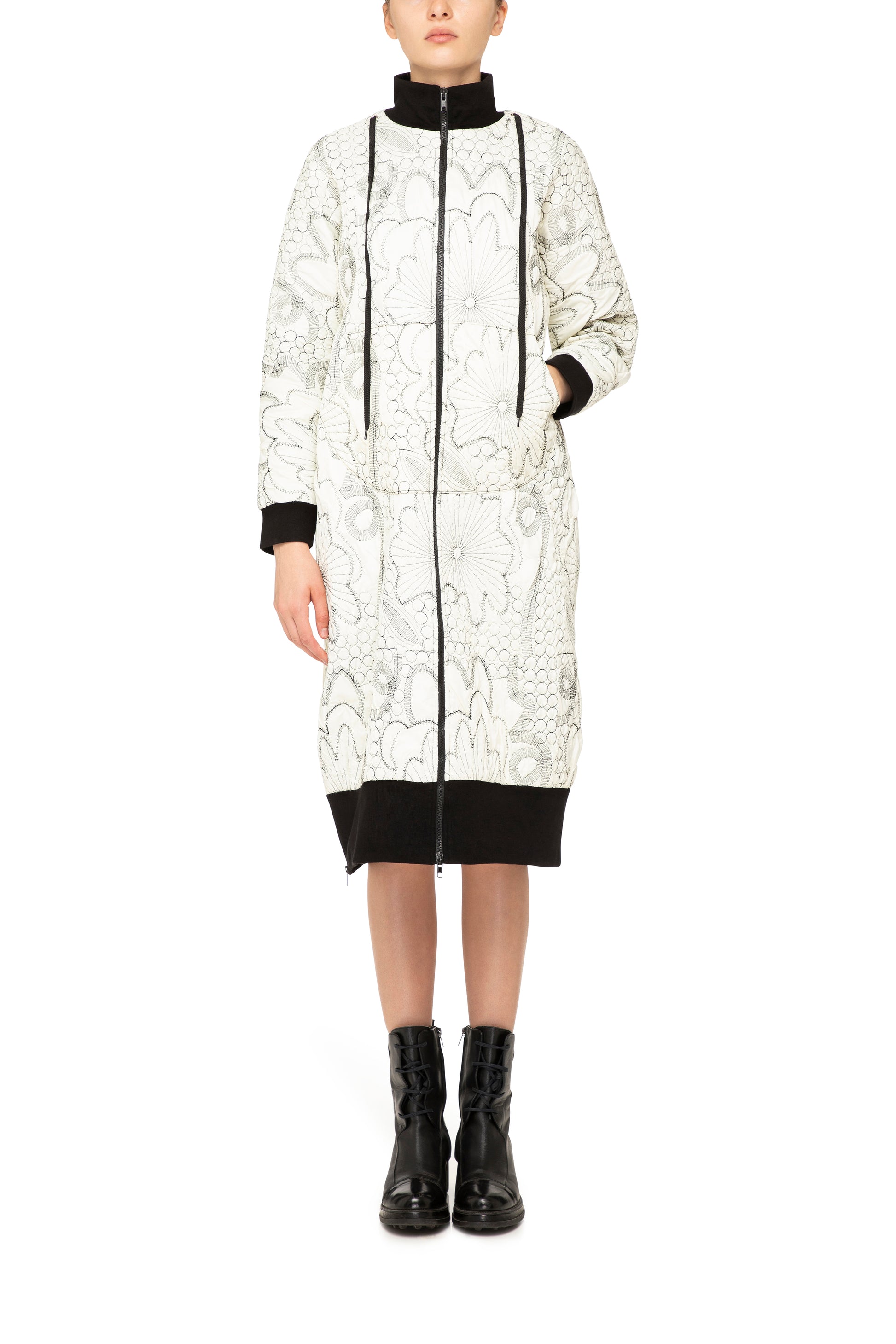 Lampo Coat in white, white coat, white and black coat, padded coat, embroidered coat, fashion coat, designer coat, bright coat, unique coat