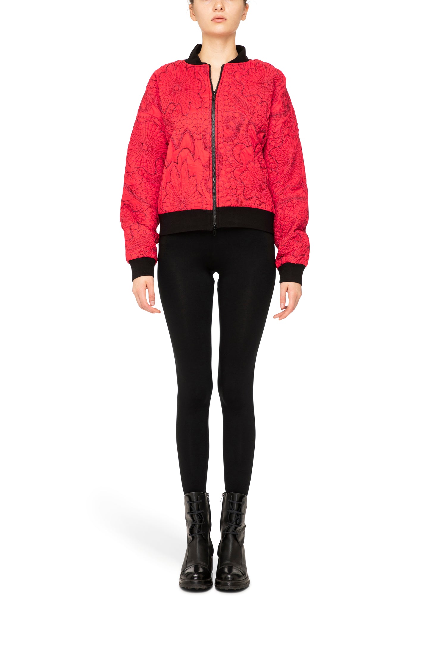 Lampo Bomber Jacket in Red, red bomber jacket, black and red jacket, embroidered jacket, fashion jacket, designer jacket